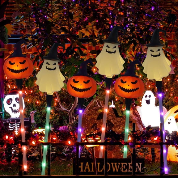 Deago 6 Pack Solar Halloween Pumpkin Ghost Garden Stake Lights Outdoor Waterproof Light Up Pathway Lights for Halloween Decorations Garden Patio Yard