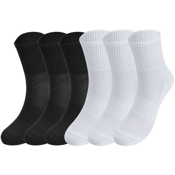 Deago 6 Pairs Mens Athletic Crew Cushioned Socks Running Performance Breathable Sports Socks (Black+White)