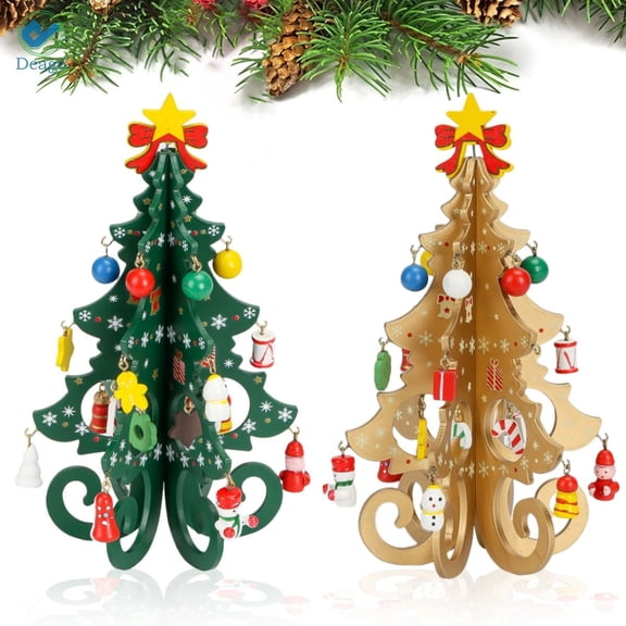 Deago 7.5-inch Tabletop Mini Wooden Christmas Tree with 25 Mini Ornaments for Christmas Decorations (Gold)