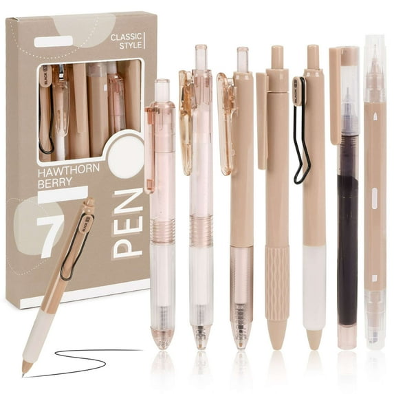 Deago 7 Pack Retractable Gel Pens Quick Dry Black Ink Pens Fine Point 0.5mm with Highlighter for Journaling, Drawing, Doodling, and Notetaking (Coffee)