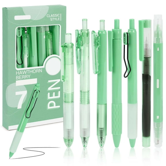 Deago 7 Pack Retractable Gel Pens Quick Dry Black Ink Pens Fine Point 0.5mm with Highlighter for Journaling, Drawing, Doodling, and Notetaking (Green)