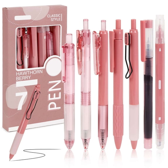 Deago 7 Pack Retractable Gel Pens Quick Dry Black Ink Pens Fine Point 0.5mm with Highlighter for Journaling, Drawing, Doodling, and Notetaking (Pink)