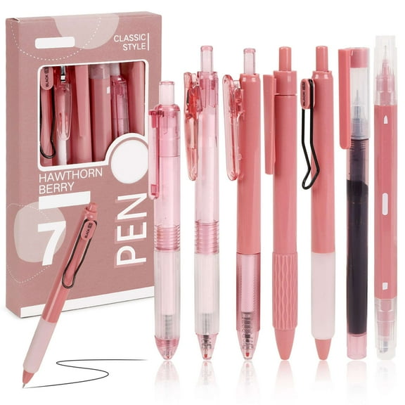 Deago 7 Pack Retractable Gel Pens Quick Dry Black Ink Pens Fine Point 0.5mm with Highlighter for Journaling, Drawing, Doodling, and Notetaking (Pink)