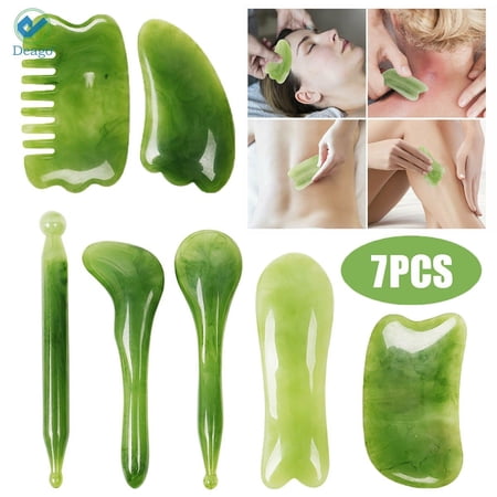 Deago 7PCS Gua Sha Natural Resin Quartz Stone Shape Facial Body Massage Board Tool Set