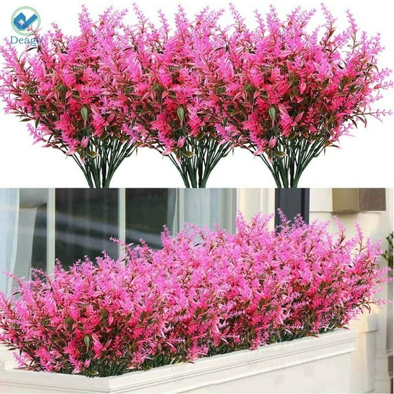 Deago 8 Bundles Artificial Lavender Flowers Outdoor Fake Flowers for Decoration UV Resistant No Fade Faux Plastic Plants Garden Porch Window Box Decor (Rose Red)