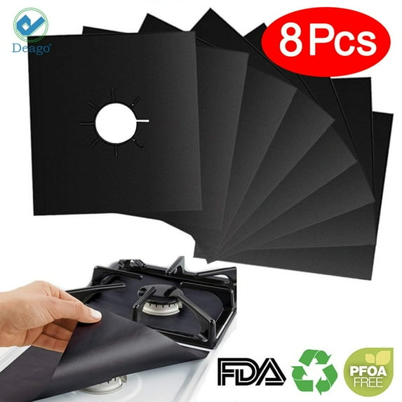 Deago 8 Pcs Non-Stick Gas Stove Burner Cover Gas Range Protectors Aluminum Foil Reusable Kitchen Liner Clean Mat Pad (Black)