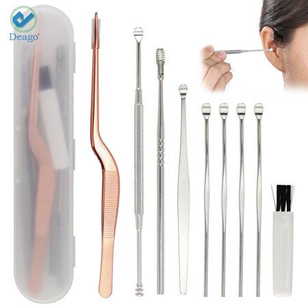 Deago 8 Pcs Stainless Steel Ear Pick Cleaning Set Health Care Tool Ear Wax Remover Cleaner Curette Kit with a Cleaning Brush and Storage Box