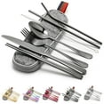 thumbnail image 1 of Deago 8 Pieces Stainless Steel Flatware Set Portable Utensils Travel Camping Cutlery Set Include Knive Fork Spoon Chopsticks Straws Brush Portable Case (Black), 1 of 8