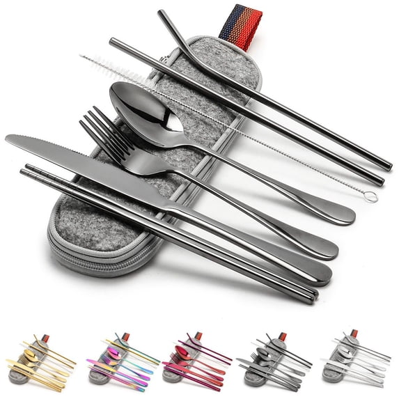 Deago 8 Pieces Stainless Steel Flatware Set Portable Utensils Travel Camping Cutlery Set Include Knive Fork Spoon Chopsticks Straws Brush Portable Case (Black)