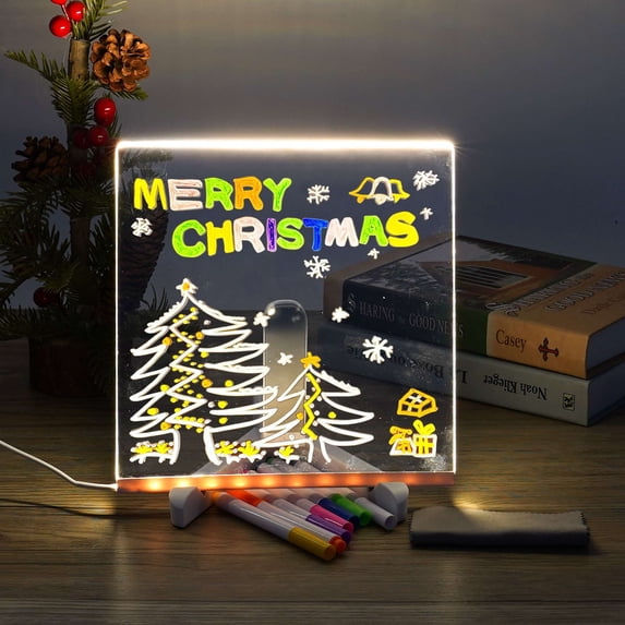Deago Acrylic Dry Erase Board with Light, 7.9 X 7.9" Led Note Board with Colors, Light Up Dry Erase Board with Adjustable Stand, Led White Board with 7 Pen for Office School Home