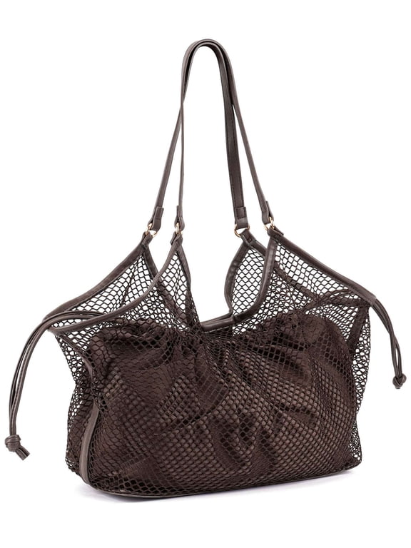 Large Mesh Tote Bag for Women Summer Beach Bag with Inner Bag Slouchy Shoulder Hobo Purse Vacation Travel Handbags, Coffee