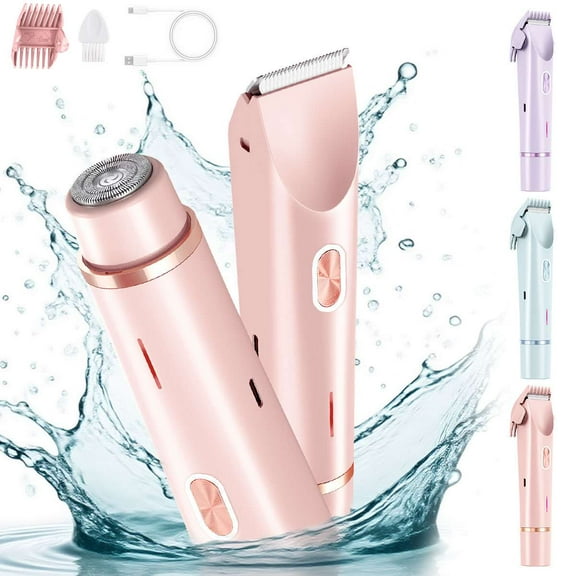 Deago Bikini Trimmer for Women, 2-in-1 Electric Razor for Womens Legs Underarm Face Pubic Hairs, Rechargeable Electric Shaver Body Hair Trimmer Wet & Dry Use, Blue