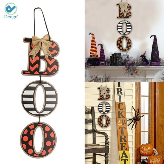 Deago "Boo" Halloween Wall Sign - Halloween Decoration Hanging Wood Letters with Burlap Bow - 23.6 Inches Long