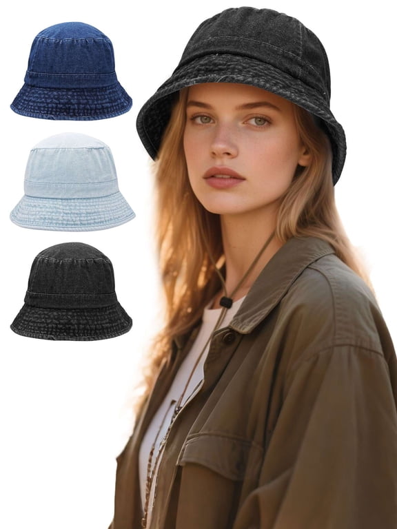 Bucket Hat for Women Men Washed Denim Cotton Summer Outdoor Travel Beach Sun Hats Fishing Cap (Black)