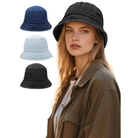 Deago Bucket Hat for Women Men Washed Denim Cotton Summer Outdoor Travel Beach Sun Hats Fishing Cap (Dark Blue)