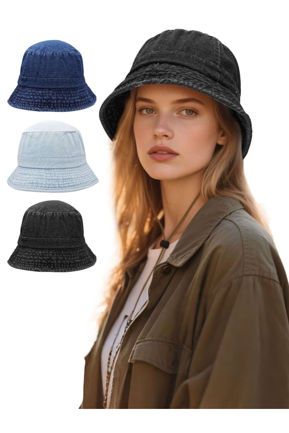 Bucket Hat for Women Men Washed Denim Cotton Summer Outdoor Travel Beach Sun Hats Fishing Cap (Light Blue)
