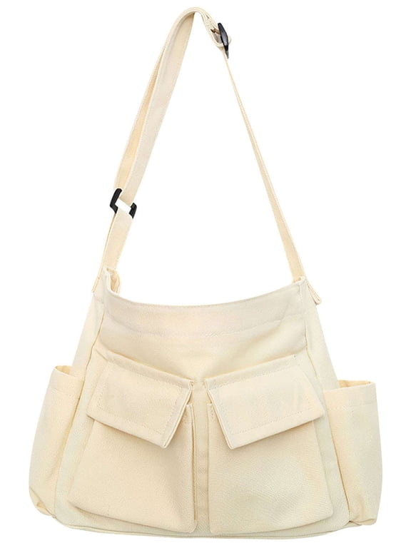 Canvas Messenger Bag Large Hobo Crossbody Bag with Multiple Pockets Shoulder Tote Bag for Women and Men (White)