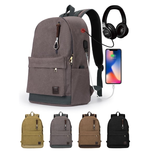 Deago Canvas Travel Laptop Backpack for Men Women Waterproof College Bag Backpack with USB Charging Port (Gray)
