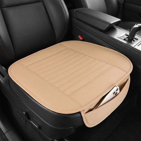 Deago Car Seat Cover, Edge Wrapping Car Interior PU Leather Car Seat Cushions Protector Front Car Seat Covers, Single Seat Cushion Cover Pad Mat for Auto Four-door sedan & SUV Driver (Beige)