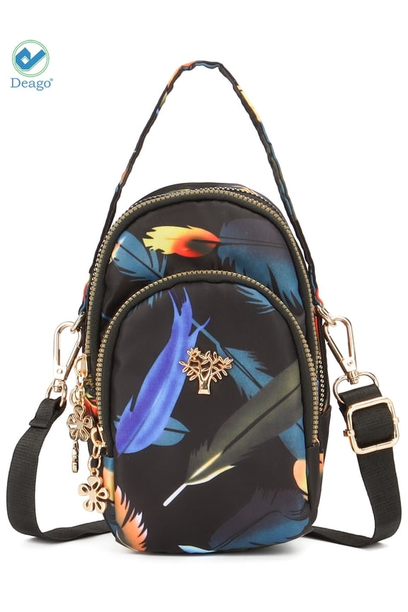 Cell Phone Purse Small Crossbody Shoulder Bag Smartphone Wallet Phone Holder for Women (Black Feather)