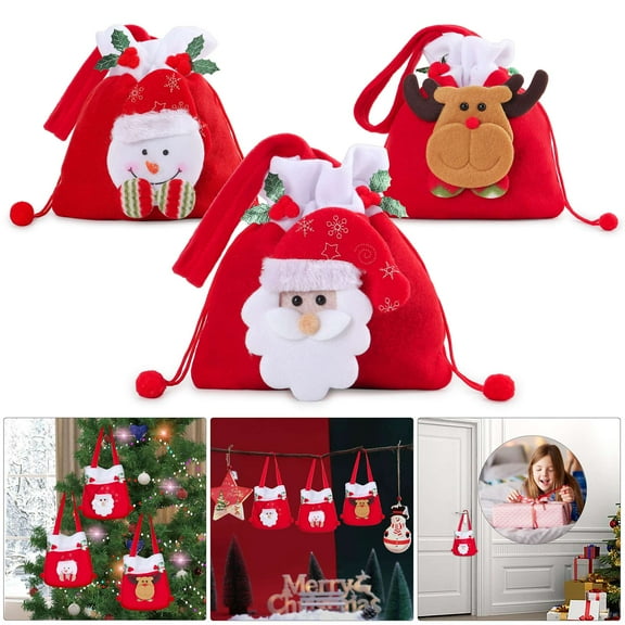 Deago Christmas Candy Bags Treat Bags 3D Design Drawstring Gift Bags Xmas Present Bags Party Favors Bags Snowman Santa Claus Reindeer