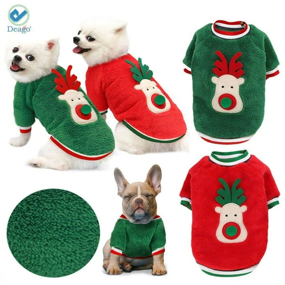 Deago Christmas Dog Sweater Elk Pet Cat Clothes Fleece Winter Warm Dog Apparel for Small Medium Dogs(Green, S)