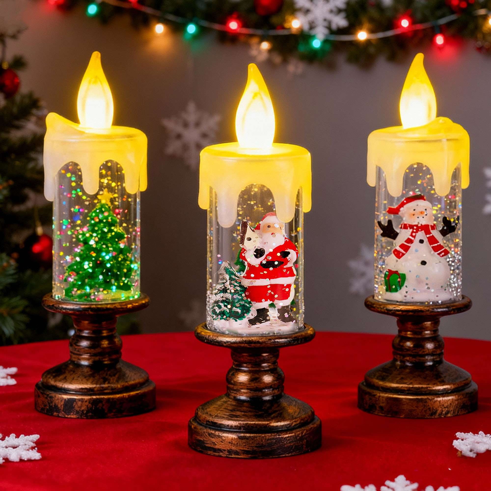Deago Christmas Flameless LED Candles Set of 3 with Santa Claus, Snowman, Xmas Tree - Battery Operated Christmas Themed Festival Gift Decorations