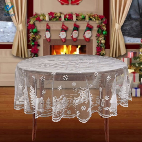 Deago Christmas Tablecloth Round 70" Holidays White Table Cloth Lace Snowflake Elk Prints Xmas Table Fabric Cover