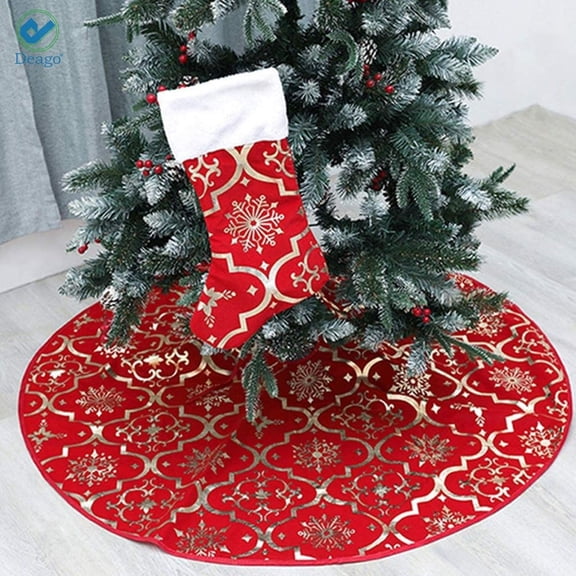 Deago Christmas Tree Skirt 48 Inches Snowy Pattern Large Christmas Tree Mat with Merry Christmas Stocking for Xmas Holiday Decoration Indoor Outdoor (Red)