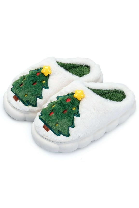Christmas Tree Slippers for Women Men Plush Warm Soft Cozy Fuzzy House Slippers Non-Slip Slip-on Indoor Outdoor Shoes