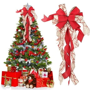 Deago Christmas Tree Topper Large Buffalo Plaid Burlap Red White Gift Bow for Xmas Tree Handmade Home Holiday Party Decorations-12 x 34 Inch