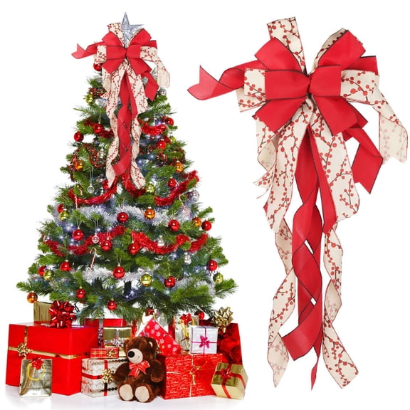 Deago Christmas Tree Topper Large Buffalo Plaid Burlap Red White Gift Bow for Xmas Tree Handmade Home Holiday Party Decorations-12 x 34 Inch