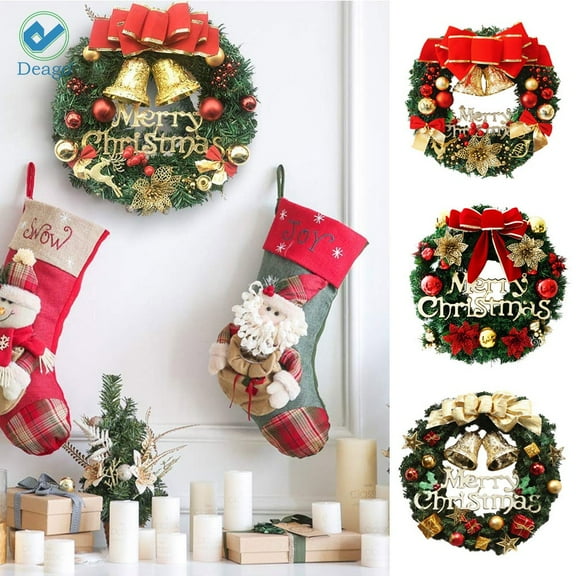 Deago Christmas Wreath 12 Inch Pine Artificial Christmas Hanging Wreath Garland with Bowknot Bells Deer Flower Front Door Ornament Wall for Party Decor