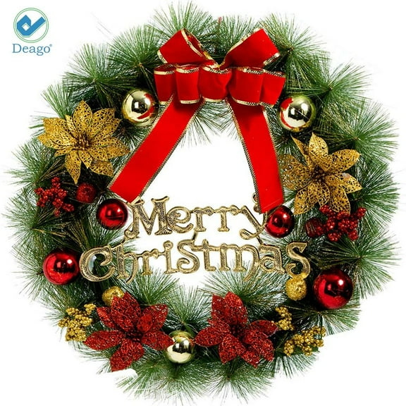 Deago Christmas Wreath Ornament With Spruce Baubles Red Bowknot Xmas Winter Wreaths For Home Party Decorations (12 inch)