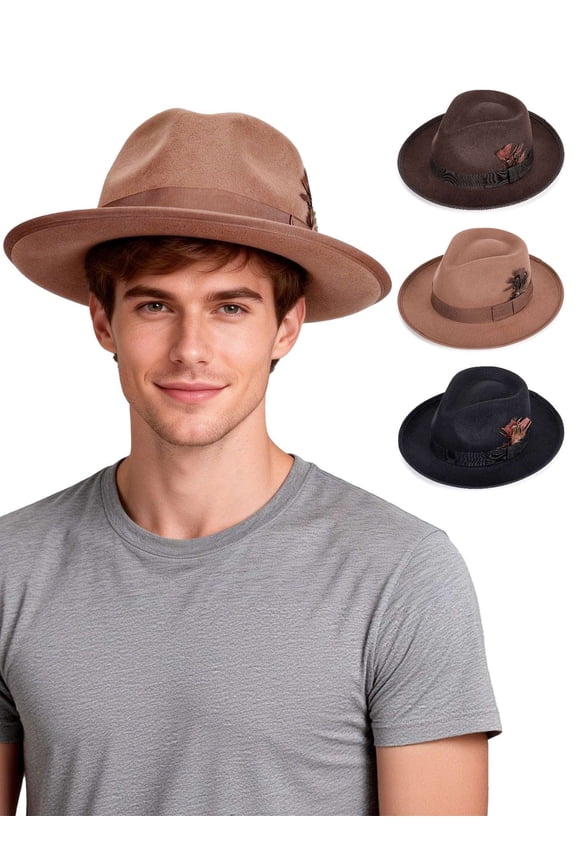 Classic Fedora Hats for Men & Women Wide Brim Felt Hat Panama Dress Fedora Hat (Black-3)