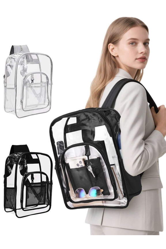 Clear Backpack Heavy Duty PVC Transparent See Through Large Capacity Bookbag for College Work Travel Security, Black