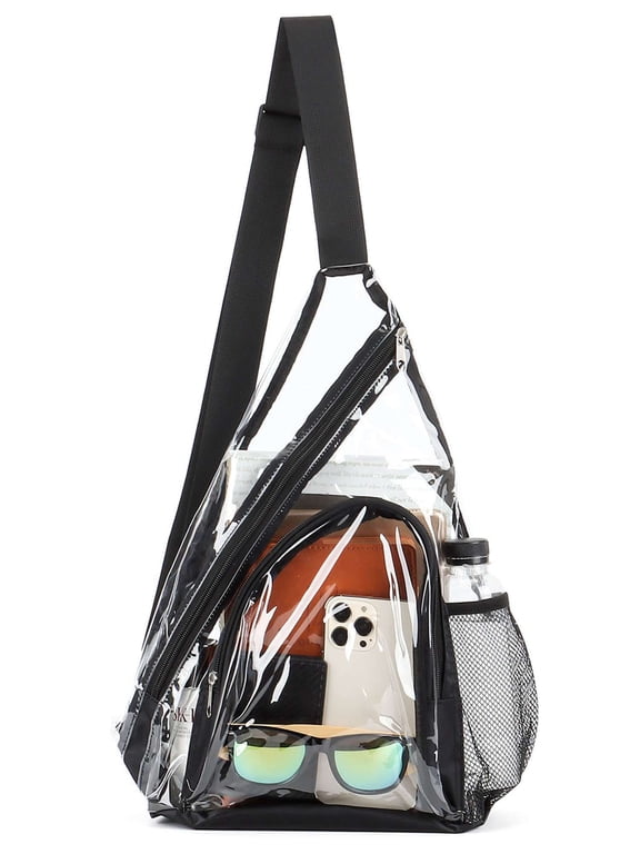 Clear PVC Sling Bag Stadium Approved Clear Shoulder Crossbody Backpack for Hiking, Stadium or Concerts (Black)