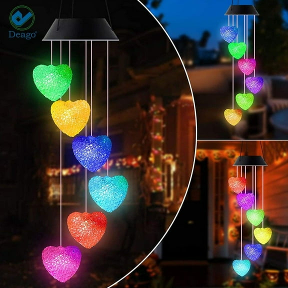 Deago Color Changing Solar Power LED Wind Chime Heart Wind Mobile Portable Waterproof Outdoor Decorative Romantic Wind Bell Light for Patio Yard Garden Home
