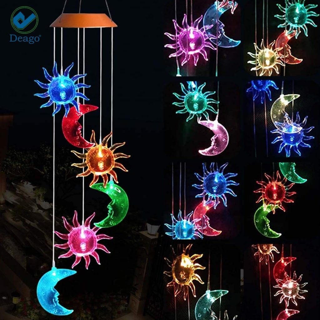 Spring Wind Mobile Deago Color Changing Solar Power LED Wind Chime Sun and Moon Wind ...