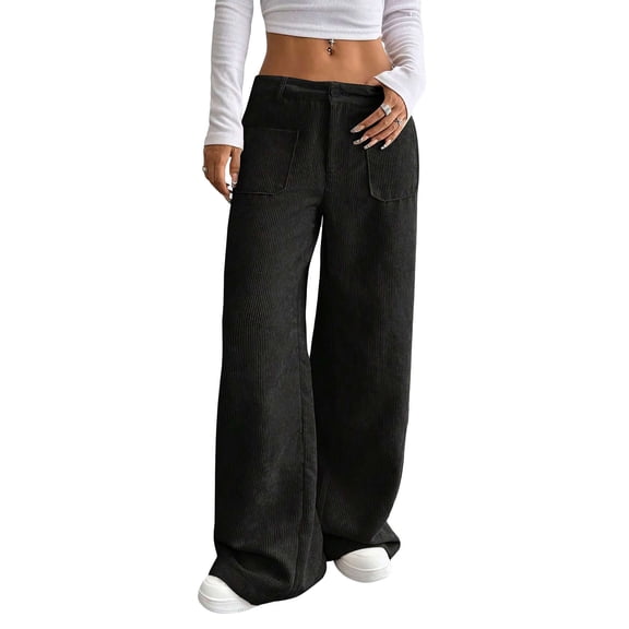 Deago Corduroy Pants for Women Casual Mid Waist Wide Leg Pants Loose Comfy Trousers with Pockets (Black, L)