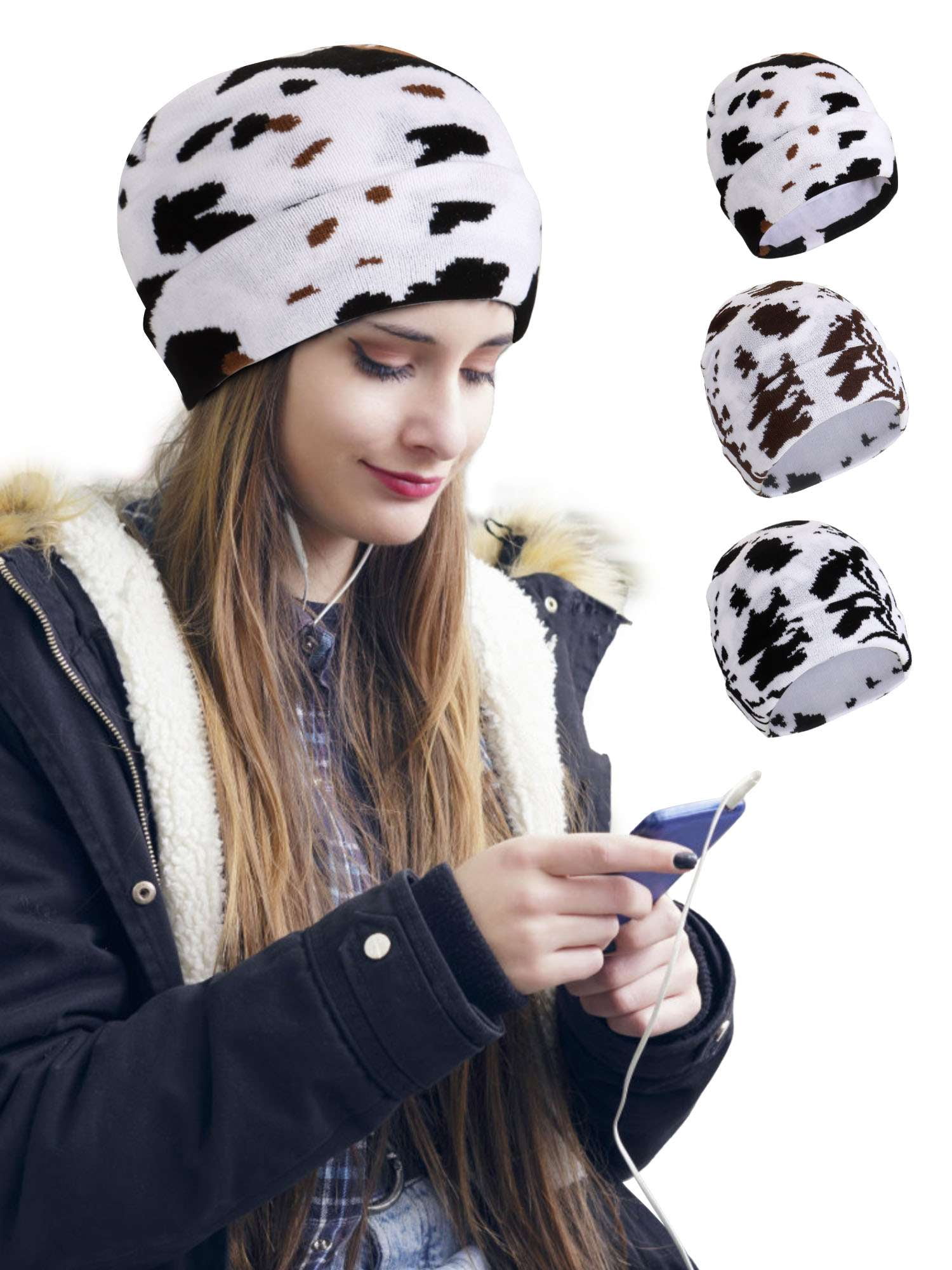 NEW JUDSON & COMPANY women\'s western cow print knit beanie in black & white B3517F13-1800-4228-87FE-  main image 3