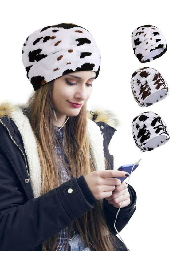 Cow Print Beanie Hats for Women Men Warm Knit Hat Animal Print Beanies Y2K Cap 2 Layers Winter Leopard Print Skull Cap