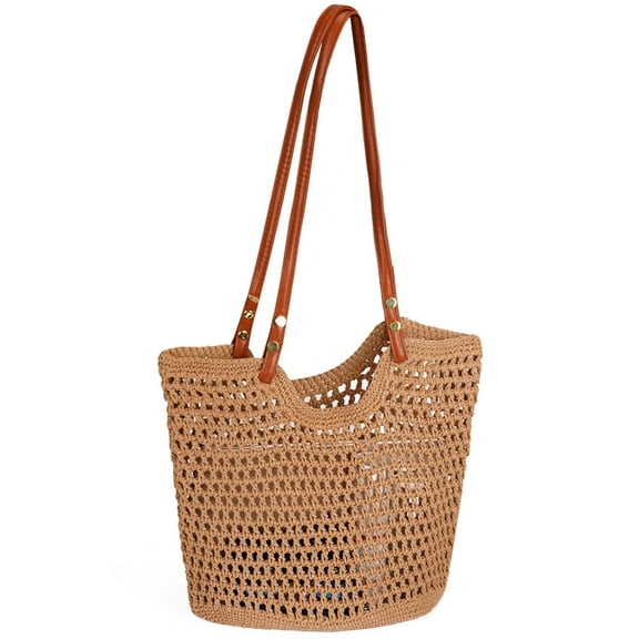 Deago Crochet Beach Bags for Women Summer Beach Tote Bag Soft Woven Purses Shoulder Bag for Vacation (Khaki#2)