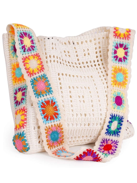 Crochet Beach Tote Bag for Women Cute Boho Crossbody Shoulder Bag Summer Vacation Aesthetic Hippie Knit Handbag (White)