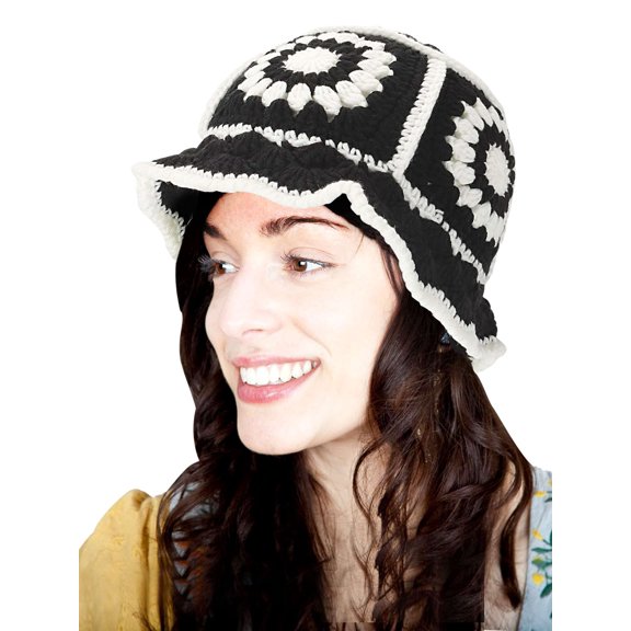Deago Crochet Bucket Hat for Women Knit Handmade Foldable Floppy Beach Hat Fashion Cute Comfy and Casual (Black)