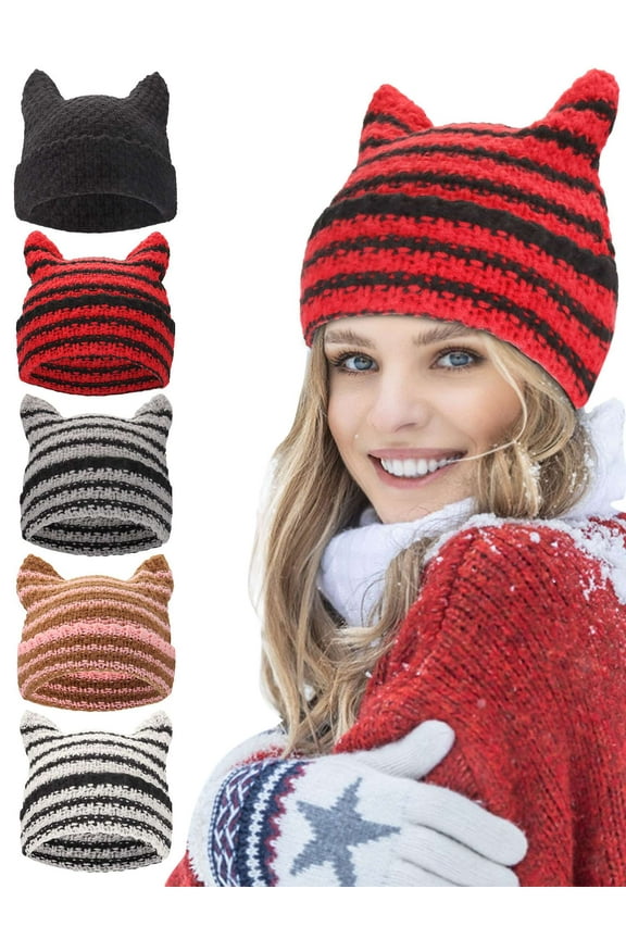 Crochet Hats for Women Knit Cat Ear Beanie Warm Winter Fox Hat Grunge Accessories Slouchy Beanies (White)