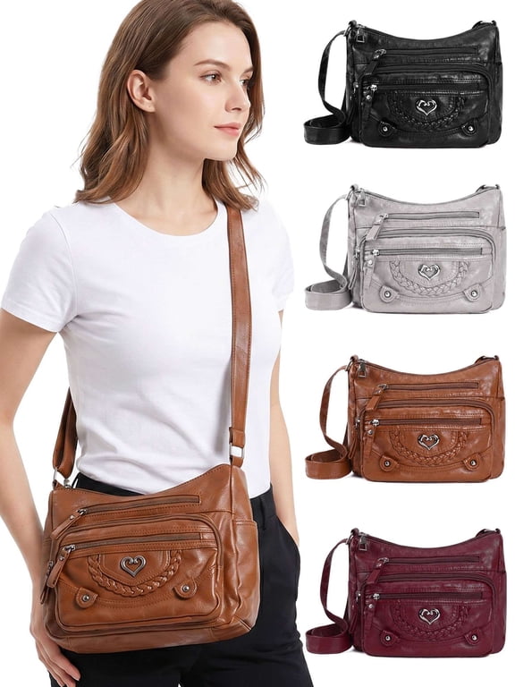 Crossbody Bags for Women Pocketbook Soft PU Leather Ladies Purses and Handbags Multi Pocket Shoulder Bag with Adjustable Strap (Brown)