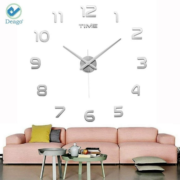 Deago DIY Wall Clock Modern 3D Wall Clock Stickers wth Mirror Numbers For Home Office Living Room Decorations (Silver)