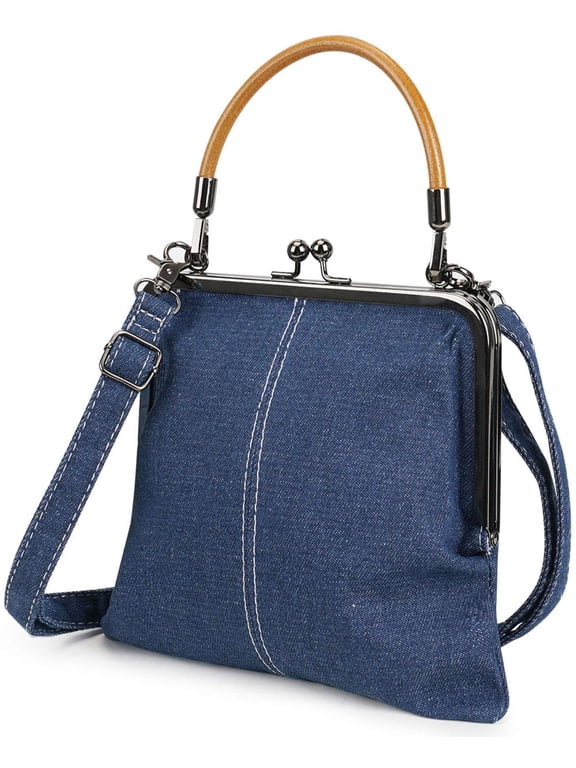 Denim Crossbody Tote Bags for Women, Mini Blue Denim Totebag Kiss Lock Purses and Handbags Accessories