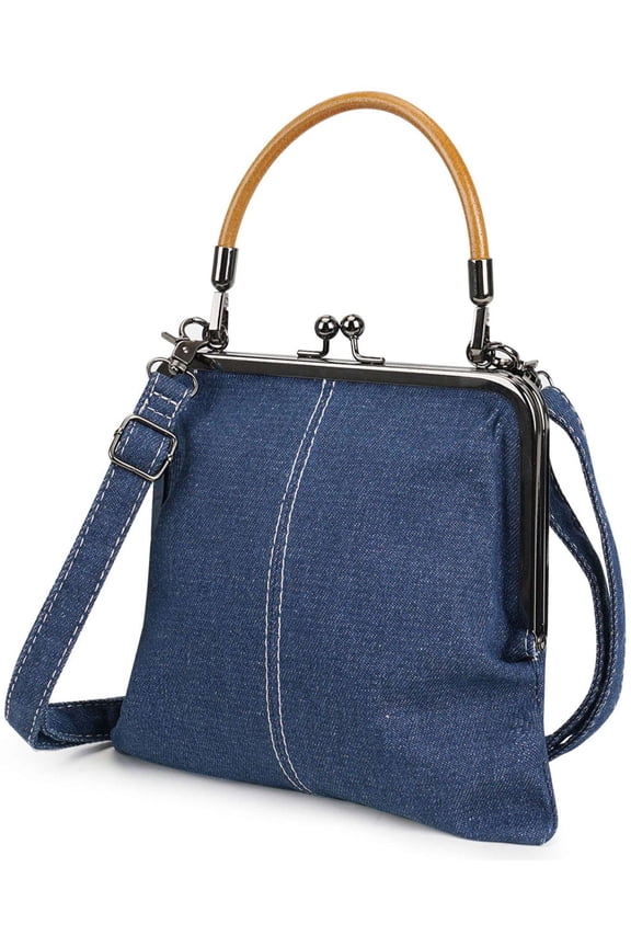Denim Crossbody Tote Bags for Women, Mini Blue Denim Totebag Kiss Lock Purses and Handbags Accessories